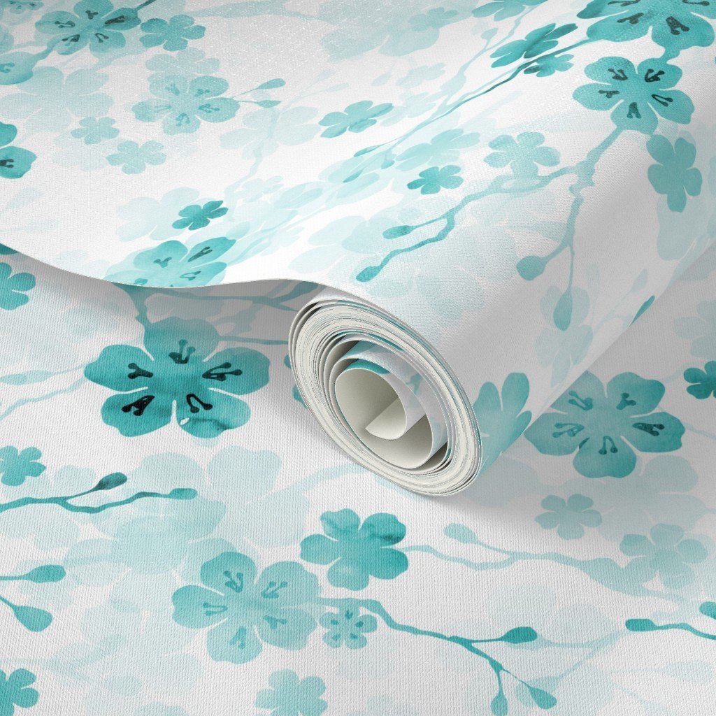 Bright Aqua Blue Pastel Watercolor Cherry Blossom Flowers and Vines Home Styling Collection Interior Collection pastel vines wallpaper