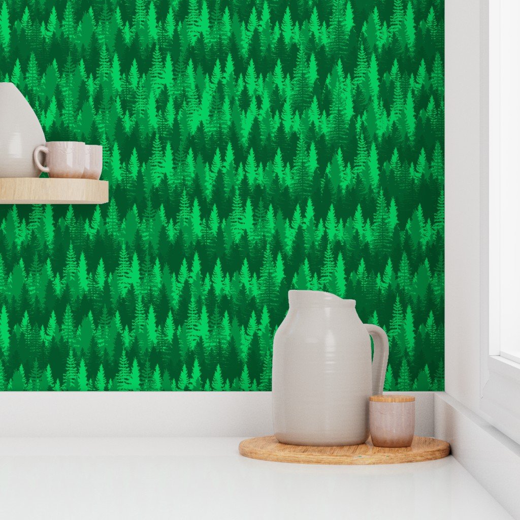 Endless Evergreen Forest with Fir Trees in Shades of Bright Green Home Styling Collection Home Decor Collection bright green wallpaper