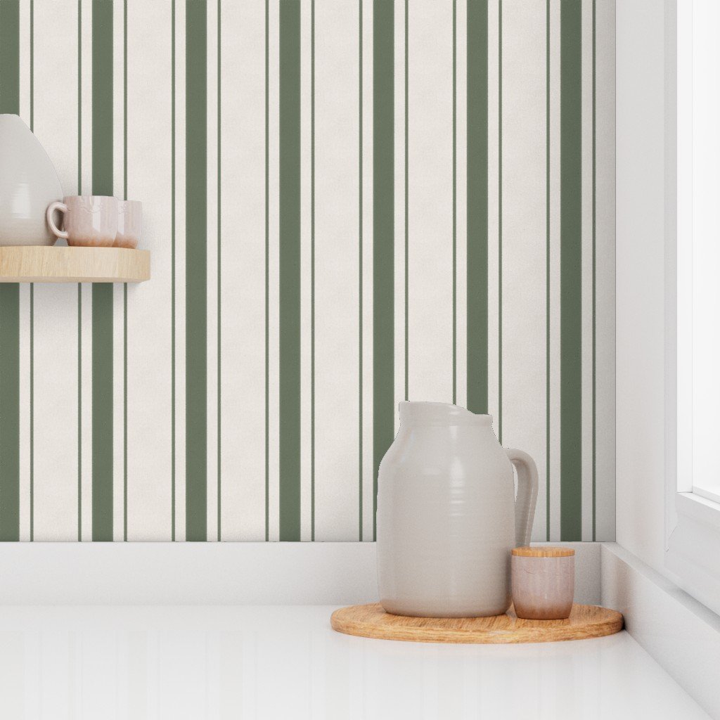 Leaf Green Antique Vintage Mattress Ticking Stripe on Cream Decor Collection Home Decor Collection distressed textile wallpaper