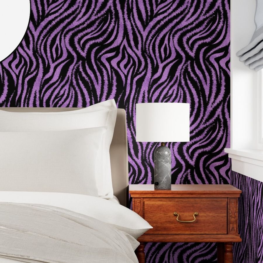 Textured Animal Striped Tiger Fur in Bold Purple Lavender and Black Design Collection Home Decor Collection animal stripes wallpaper