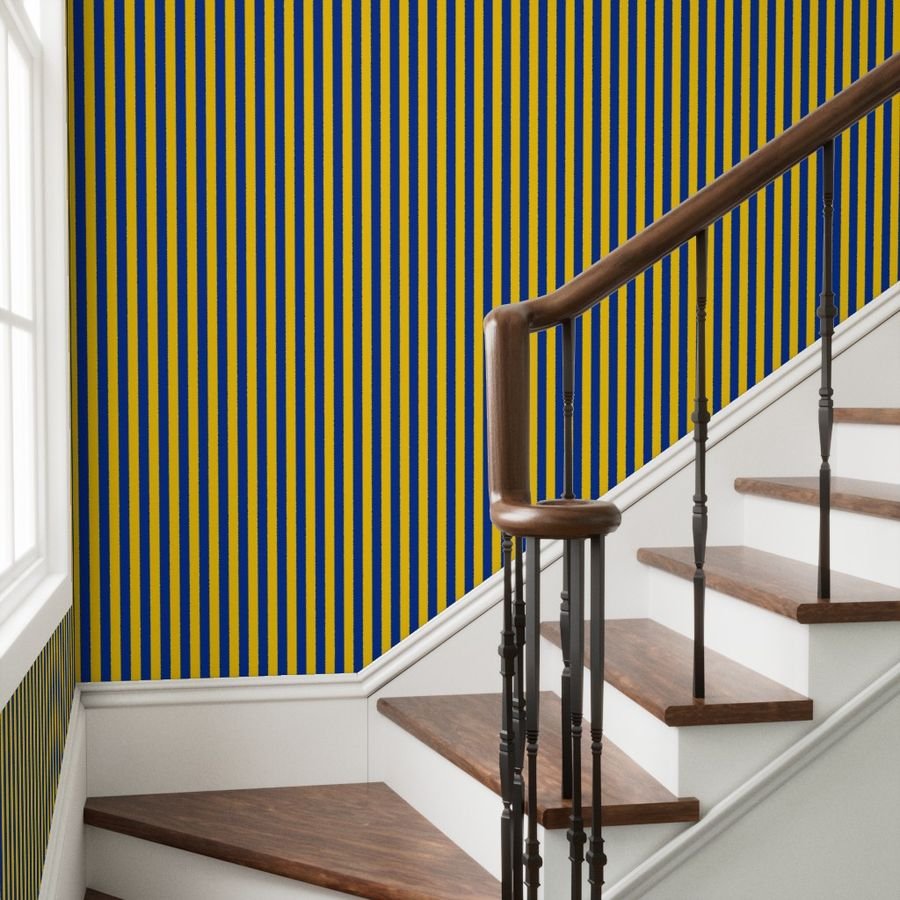 School Colors Vertical One Inch Stripe Blue and Gold Mairemont HS Interior Collection Home Styling Collection blue gold stripes wallpaper