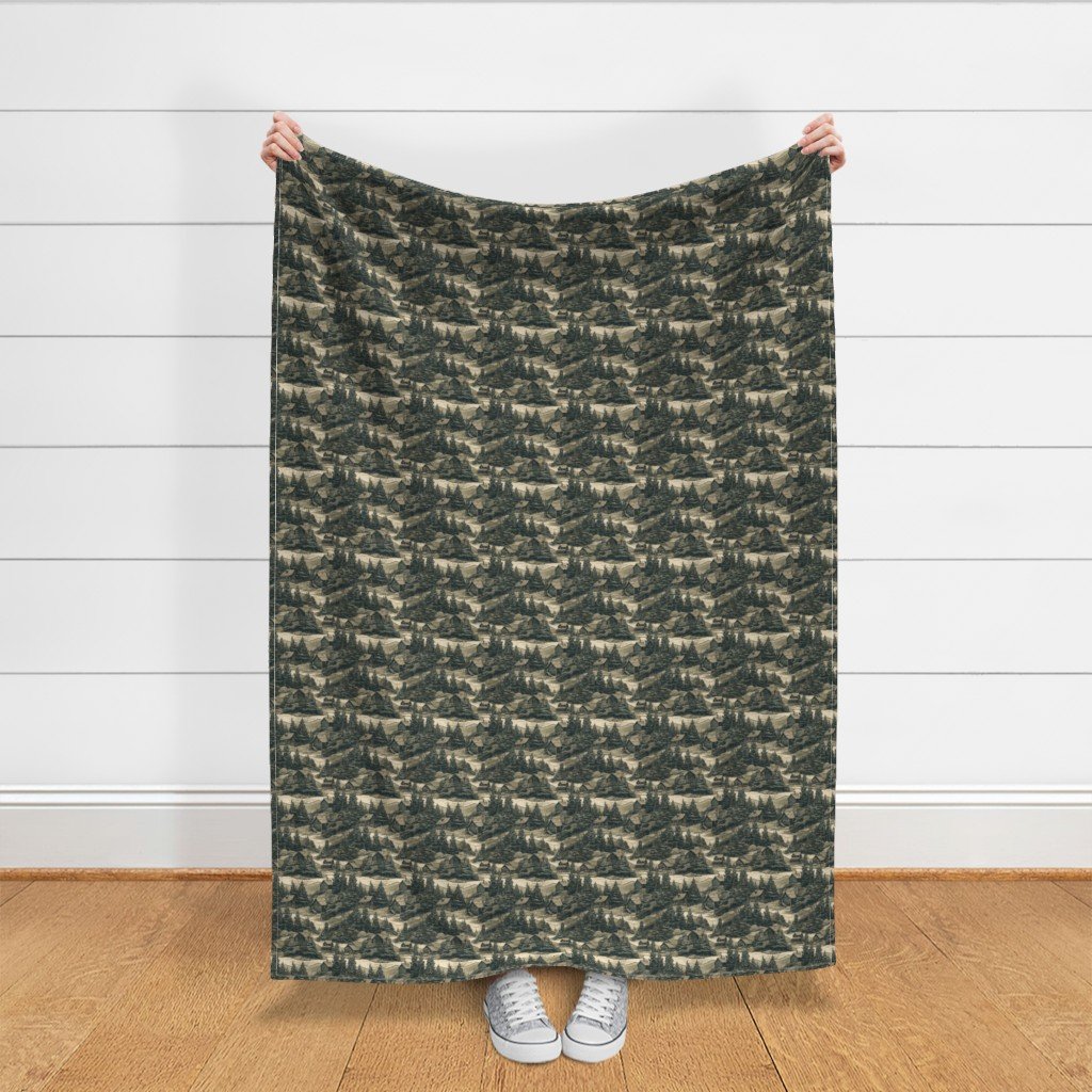 Montana Treescape Evergreens with Cabins Fabric summer trees fabric
