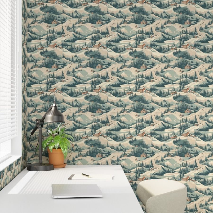 Small Vintage Ski Slope Cabins in Woods Blue Interior Collection Home Styling Collection ski village wallpaper