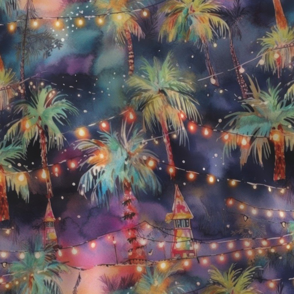 Florida Christmas Party Watercolor Fabric palm trees houses fabric