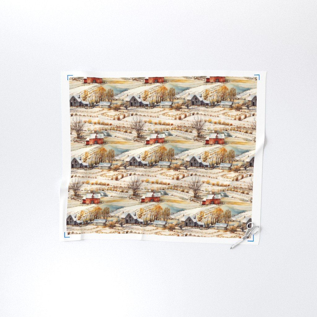 Winter Snowy Farm Landscape Watercolor Fabric snowy fields fabric