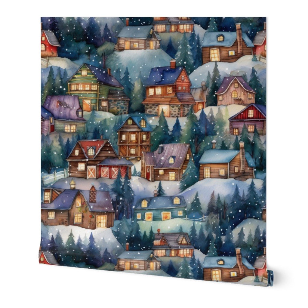 Large Christmas Rustic Country Winter Cabins Watercolor Decor Collection Design Collection christmas village wallpaper