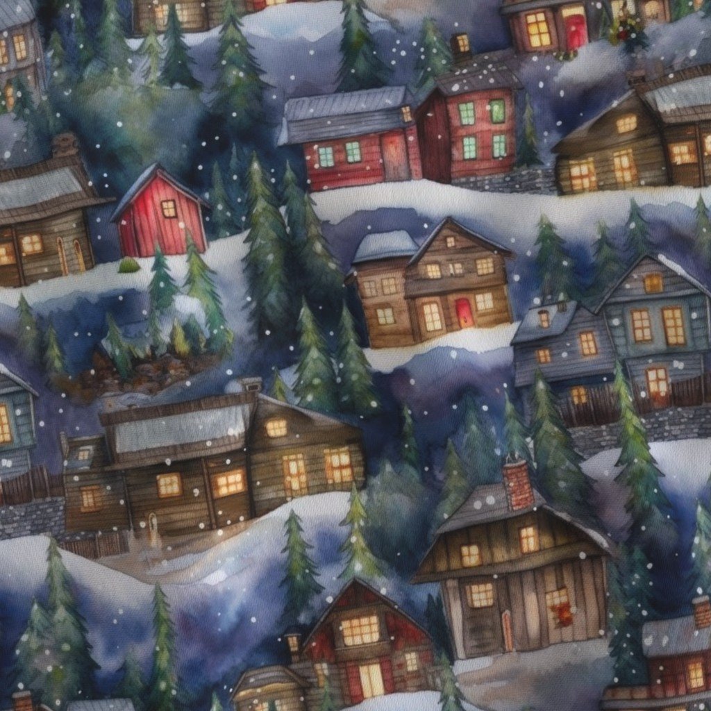 Small Christmas Christmas Rustic Village Winter Cabins Watercolor Fabric rustic village fabric