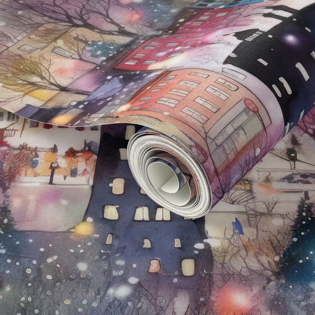 Large New York City Christmas Street Watercolor Home Styling Collection Home Styling Collection christmas town wallpaper