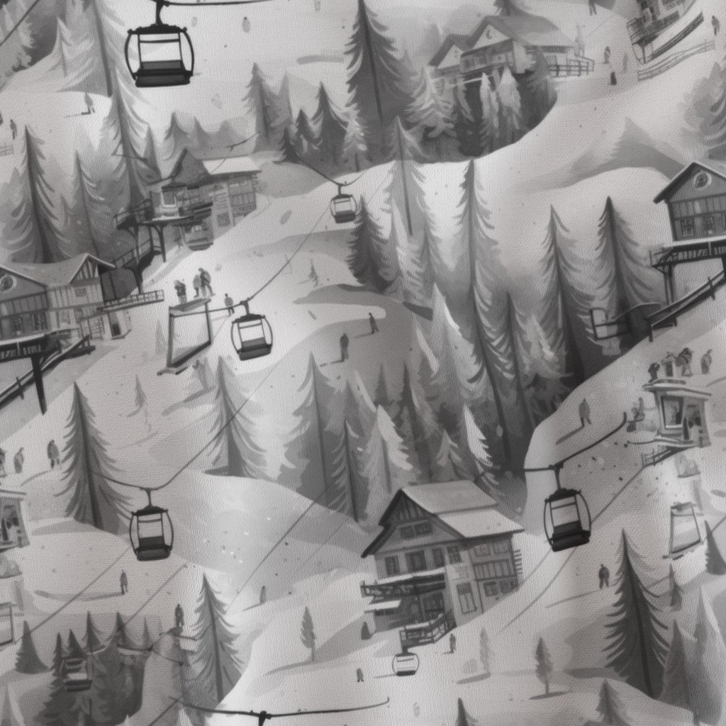 Vintage Ski Slope Cabins in Black and White Fabric pine trees fabric