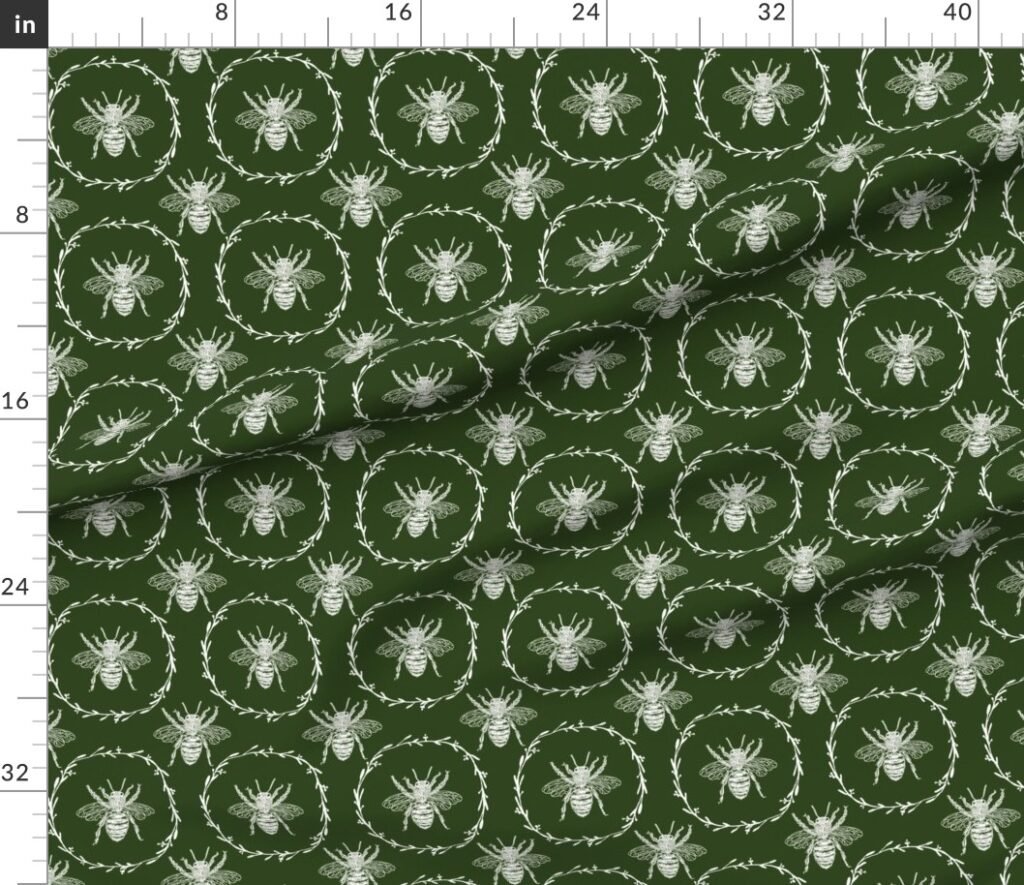 Large French Provincial Bees in Laurel Wreaths in White on Lichen Fabric design