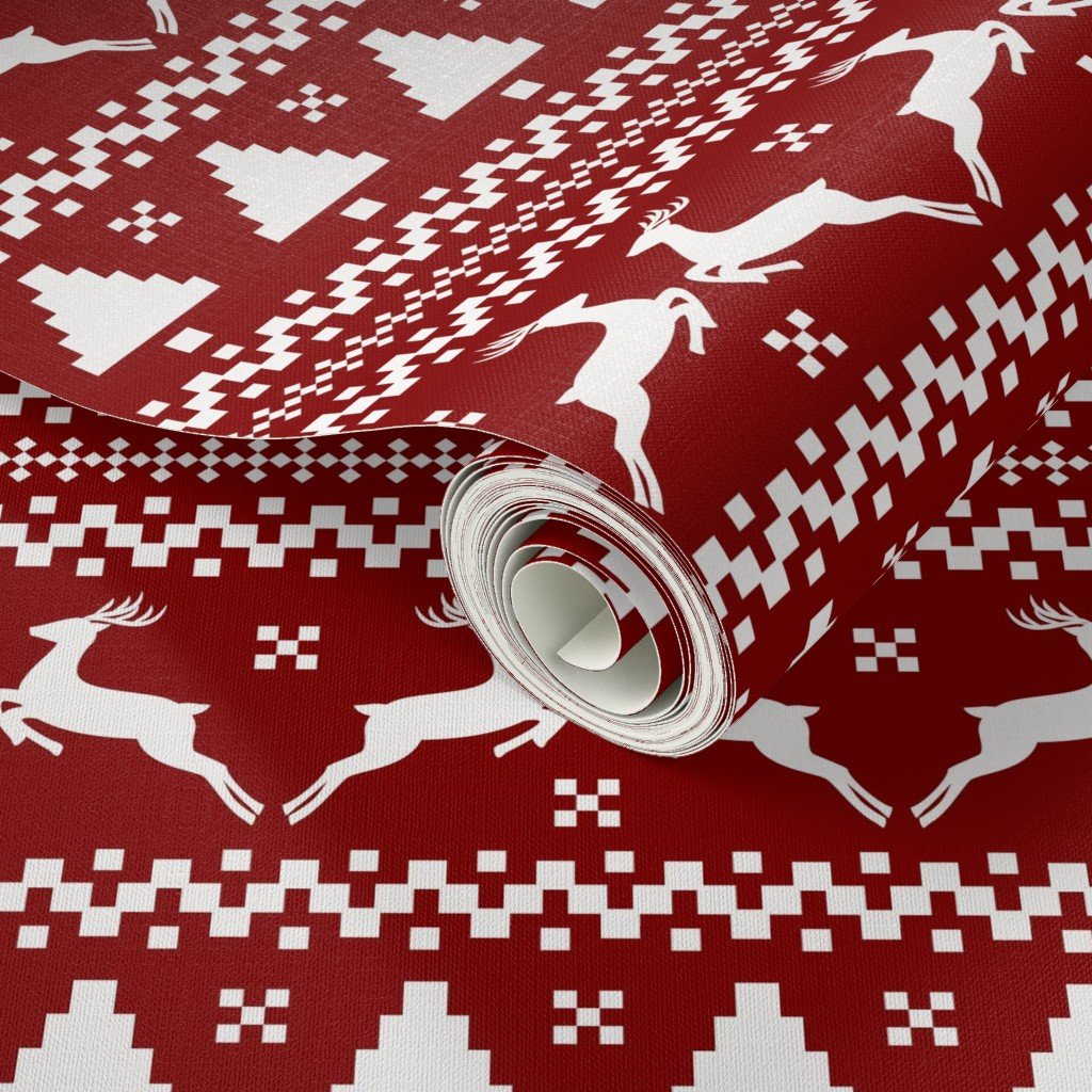 Large Dark Christmas Candy Apple Red Nordic Reindeer Stripe in White Home Decor Collection Interior Collection red stripe wallpaper