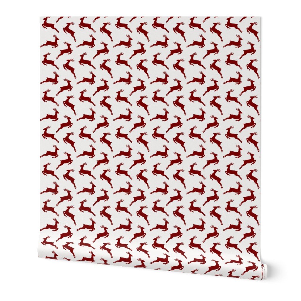 Large Dark Christmas Candy Apple Red Leaping Reindeer on White Interior Collection Decor Collection red reindeer wallpaper