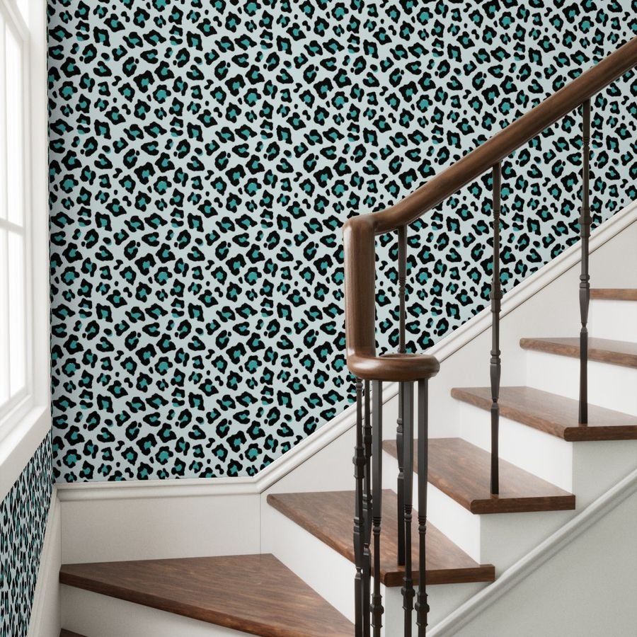 Jumbo Leopard Spots Animal Repeat Pattern Print in Turquoise Blue and Black Decor Collection Home Styling Collection animal spots wallpaper