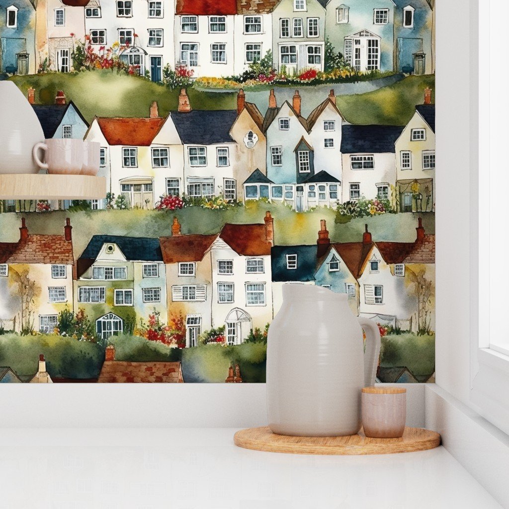 English Village Houses in Watercolor Home Styling Collection Home Decor Collection home wallpaper