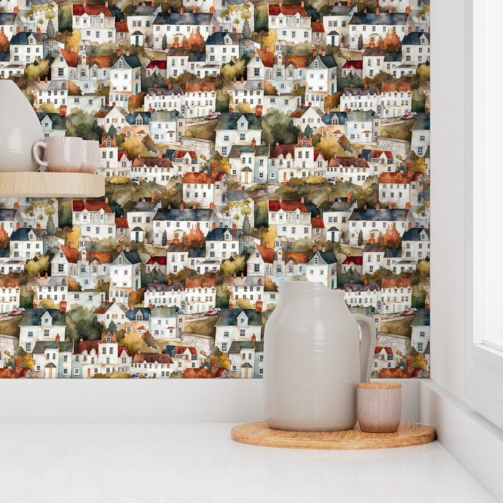 Small English Town Houses in Watercolor Decor Collection Home Styling Collection english village wallpaper