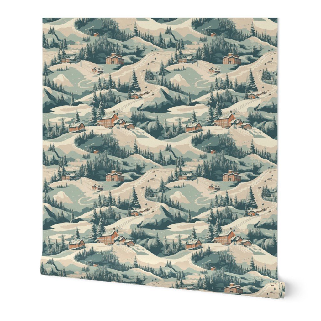 Small Vintage Ski Slope Cabins in Woods Blue Interior Collection Home Styling Collection skiing vintage ski wallpaper