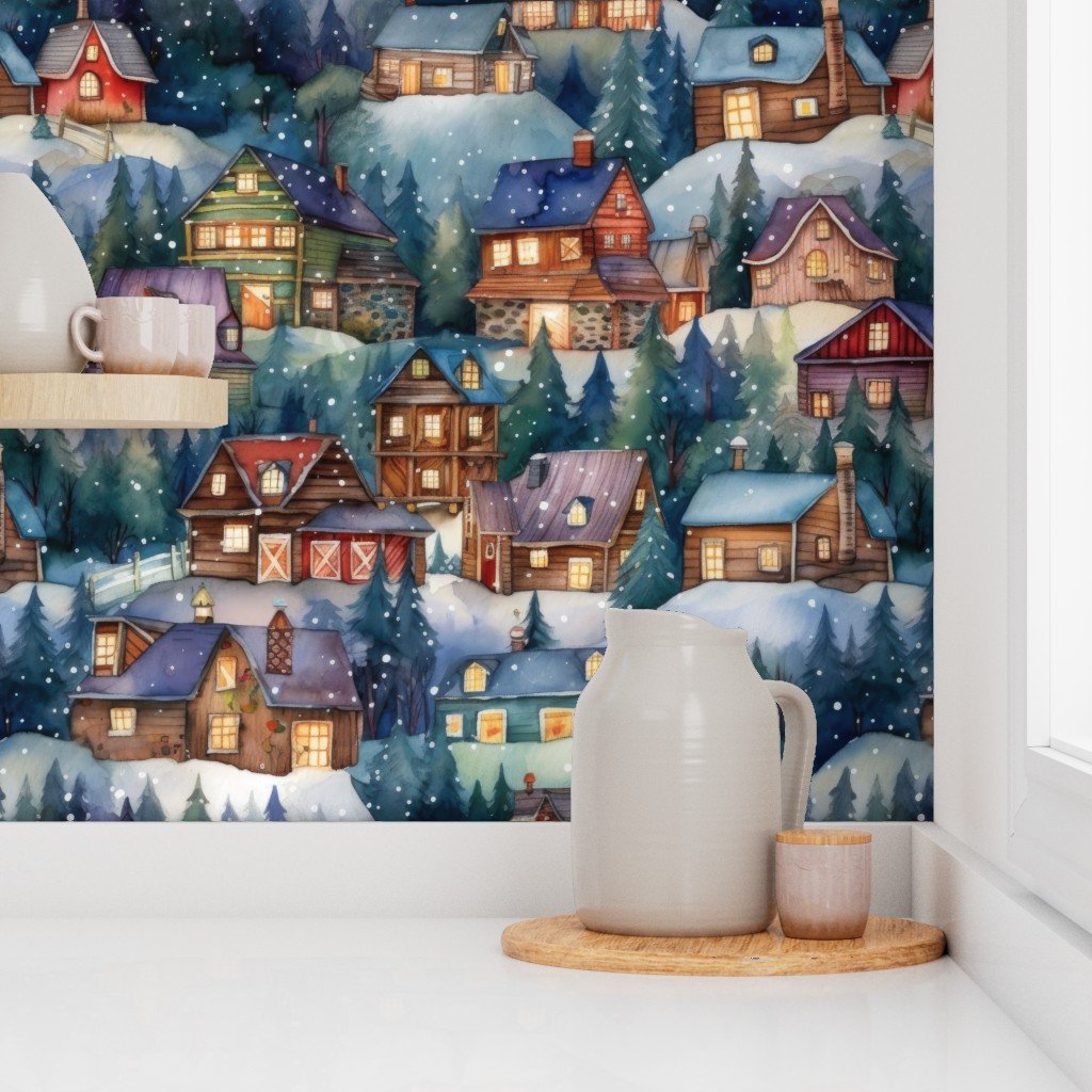 Large Christmas Rustic Country Winter Cabins Watercolor Decor Collection Design Collection rustic cabins wallpaper