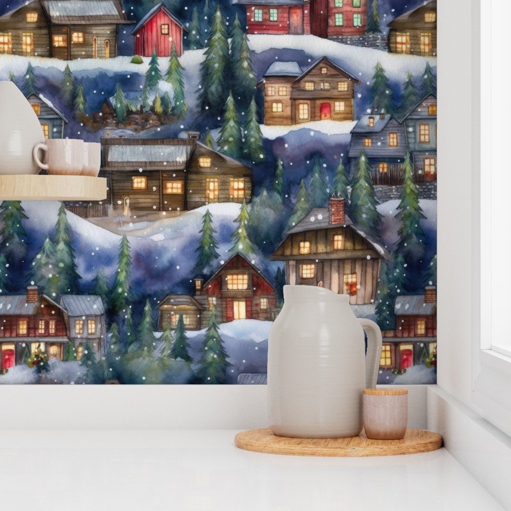 Large Christmas Christmas Rustic Village Winter Cabins Watercolor Home Decor Collection Home Styling Collection rustic cabins wallpaper