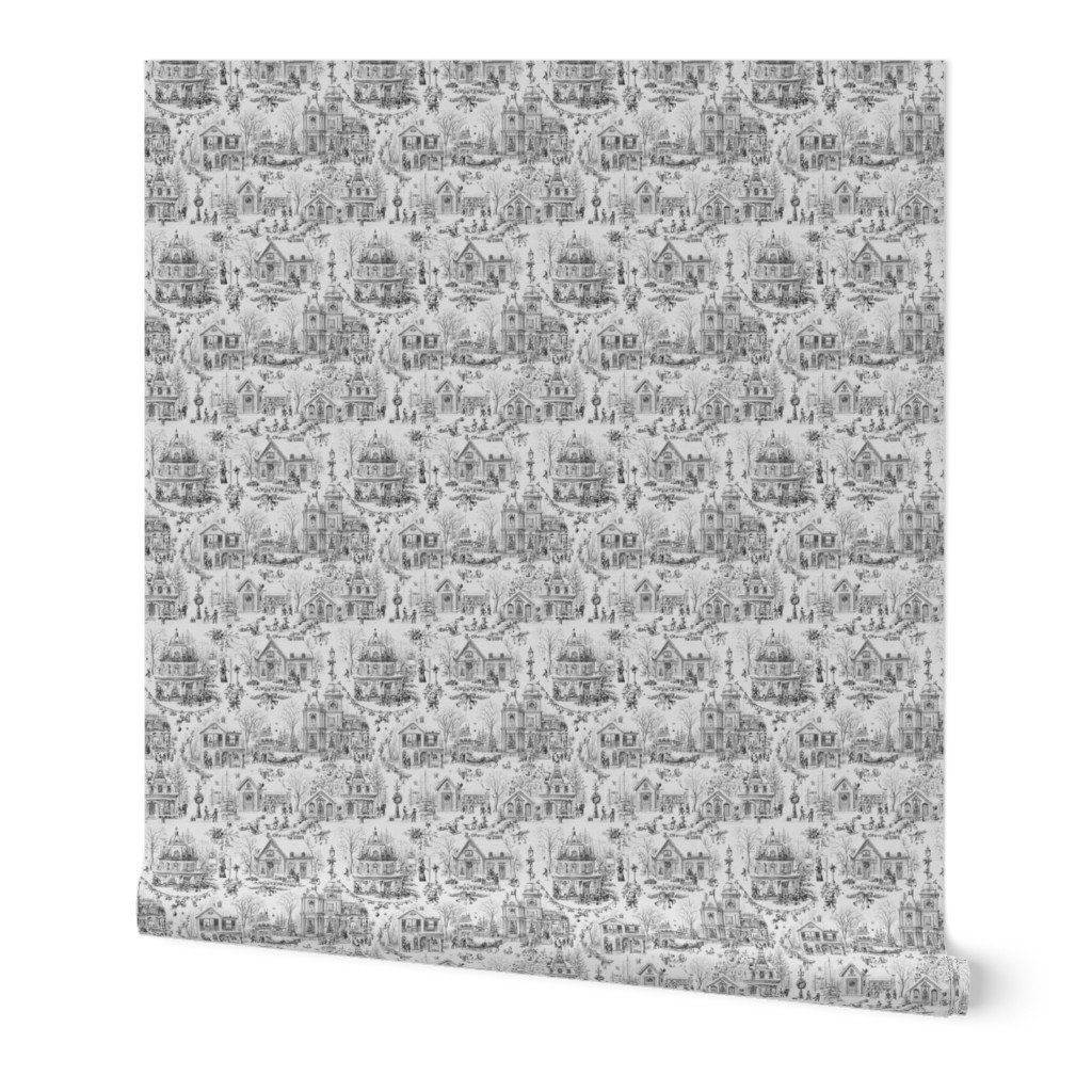 Victorian Christmas Village Toile Black and White Home Decor Collection Interior Collection holiday decor wallpaper