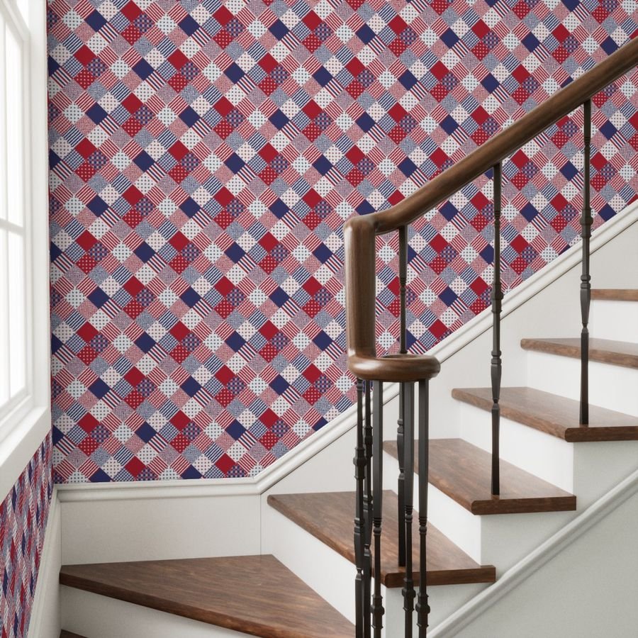 USA Americana Patchwork Red White & Blue Quilt Patterns Decor Collection Interior Collection patchwork quilt wallpaper