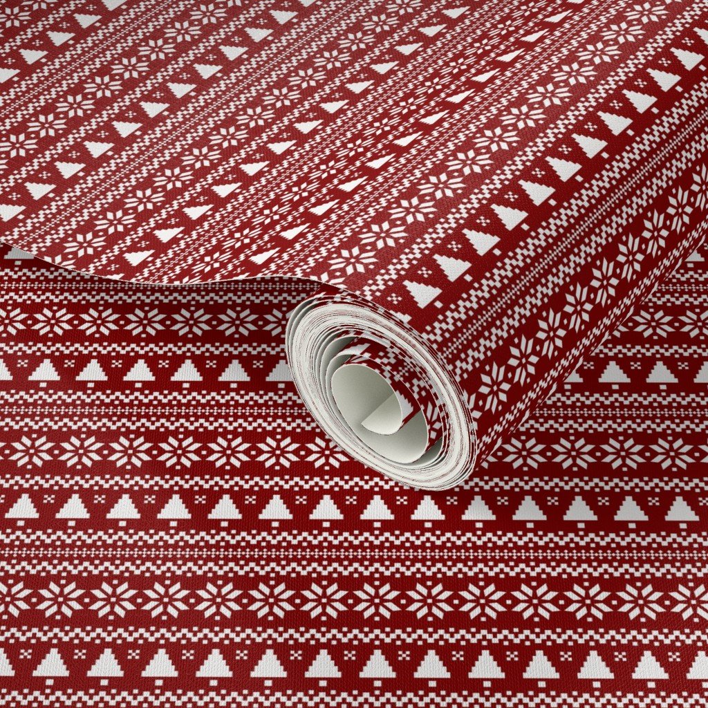 Dark Christmas Candy Apple Red Nordic Trees Stripe in White Home Styling Collection Design Collection nordic trees wallpaper