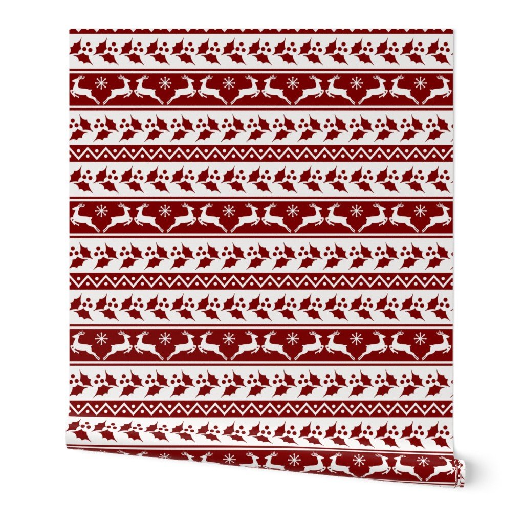 Large Dark Christmas Candy Apple Red Nordic Reindeer Stripe in White Design Collection Home Styling Collection reindeer stripe wallpaper
