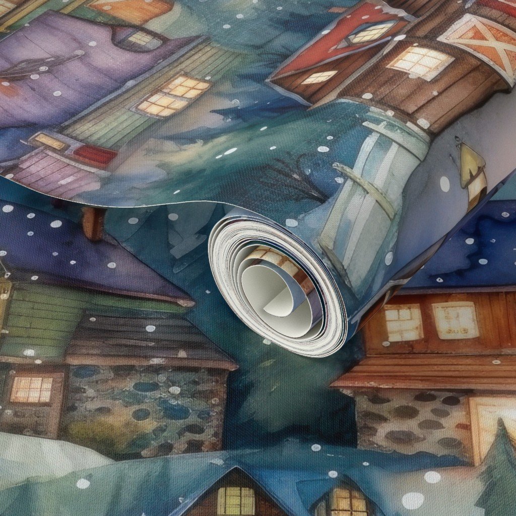 Large Christmas Rustic Country Winter Cabins Watercolor Decor Collection Design Collection rustic village wallpaper