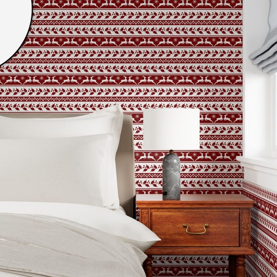 Large Dark Christmas Candy Apple Red Nordic Reindeer Stripe in White Design Collection Home Styling Collection white reindeer wallpaper