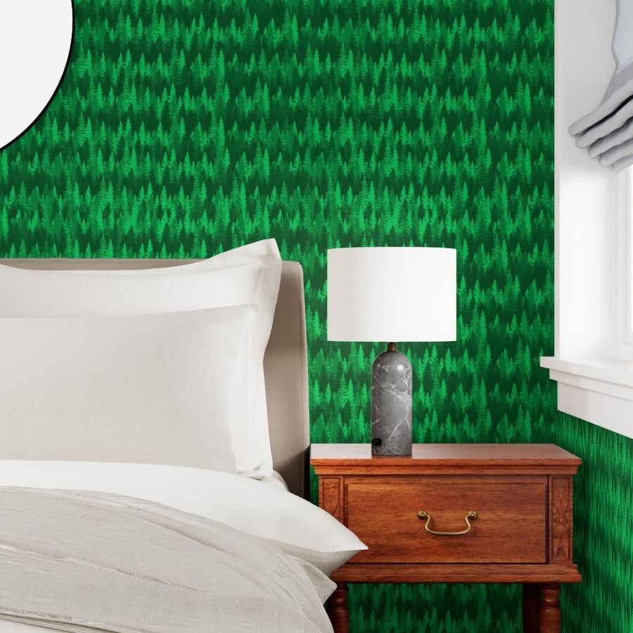 Endless Evergreen Forest with Fir Trees in Shades of Bright Green Home Styling Collection Home Decor Collection evergreen forest wallpaper
