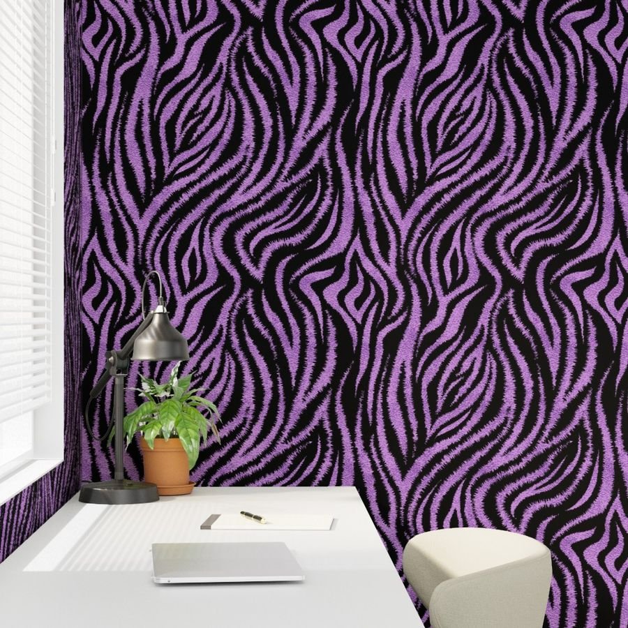 Textured Animal Striped Tiger Fur in Bold Purple Lavender and Black Design Collection Home Decor Collection striped fur wallpaper