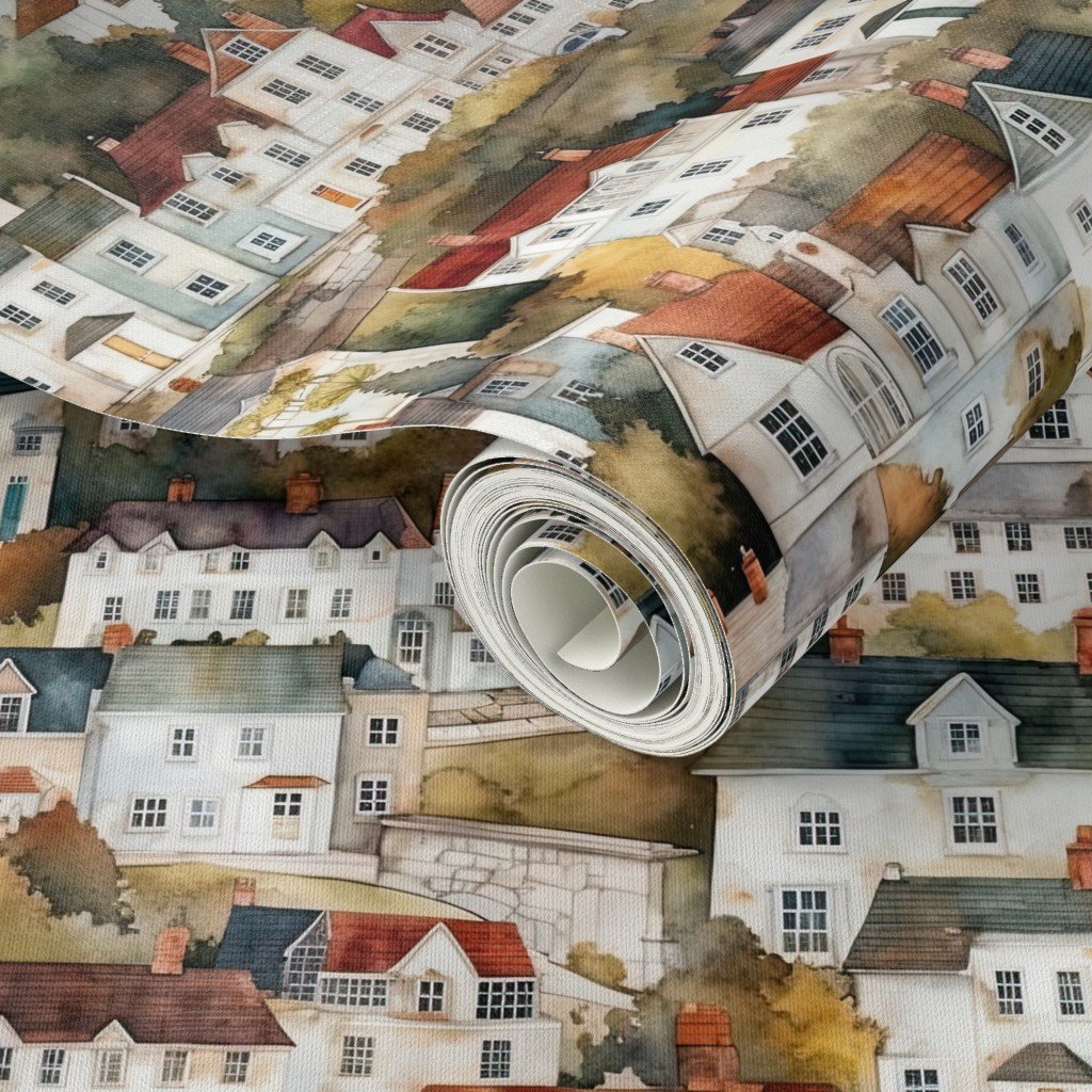 Small English Town Houses in Watercolor Decor Collection Home Styling Collection quaint houses wallpaper