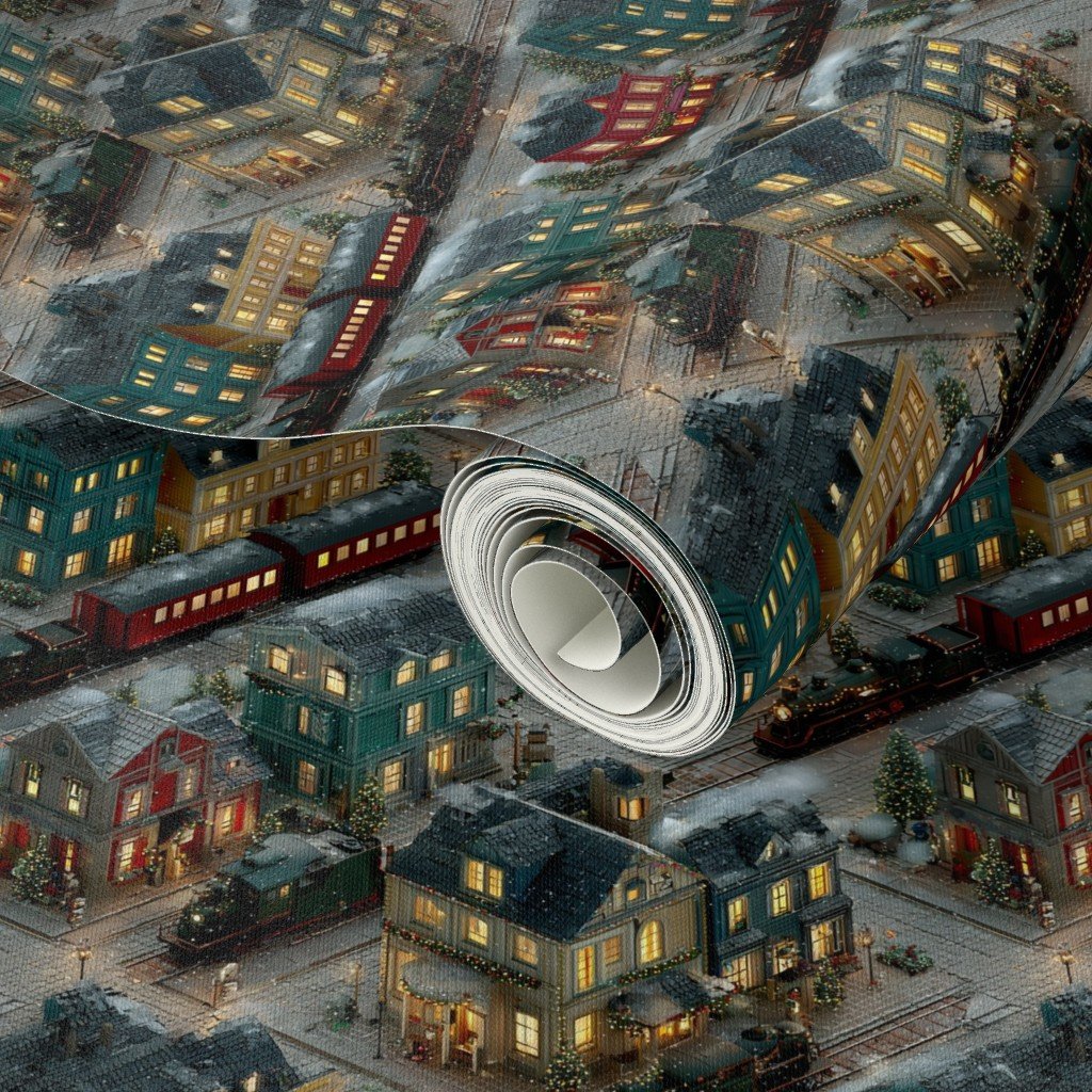 Small Isometric Snowy Christmas Village with Festive Trains and Townhouses Decor Collection Home Decor Collection christmas wallpaper