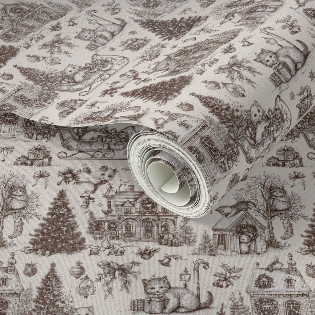Christmas Cats Toile Chocolate Brown Home Styling Collection Decor Collection christmas tree wallpaper