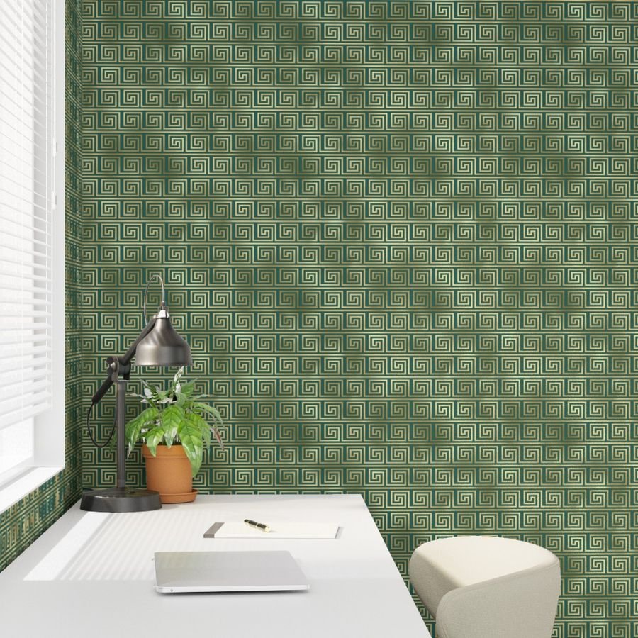 Teal and Faux Gold Foil Vintage Art Deco Greek Key Pattern Interior Collection Interior Collection teal greek key wallpaper