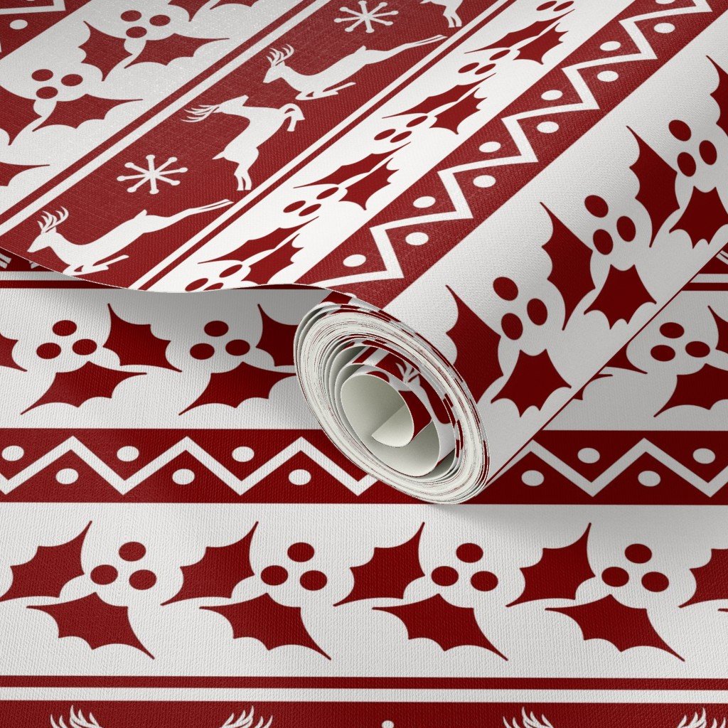 Large Dark Christmas Candy Apple Red Nordic Reindeer Stripe in White Design Collection Home Styling Collection nordic knit wallpaper