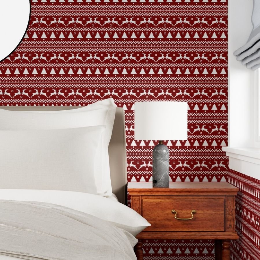 Large Dark Christmas Candy Apple Red Nordic Reindeer Stripe in White Home Decor Collection Interior Collection nordic knit wallpaper