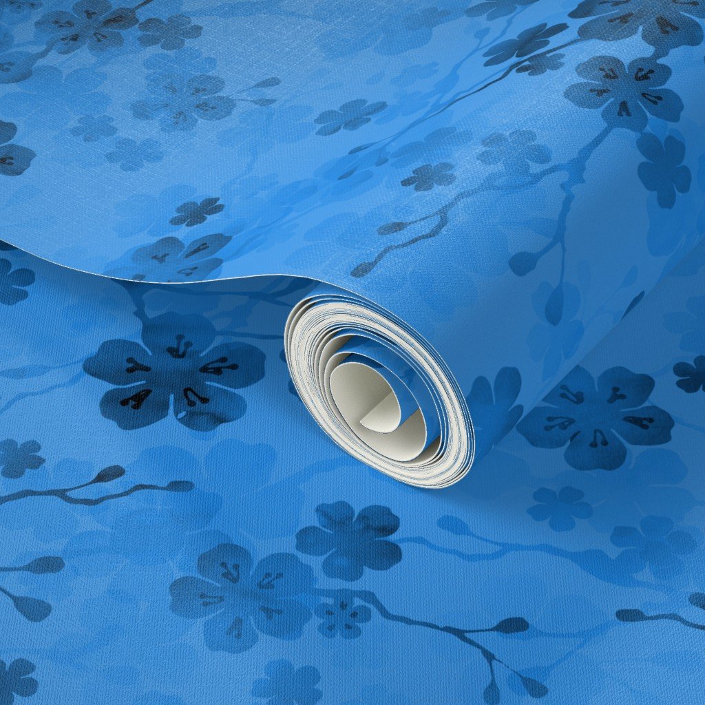 Classic Blue Pastel Watercolor Cherry Blossom Flowers and Vines Home Styling Collection Interior Collection classic blue wallpaper