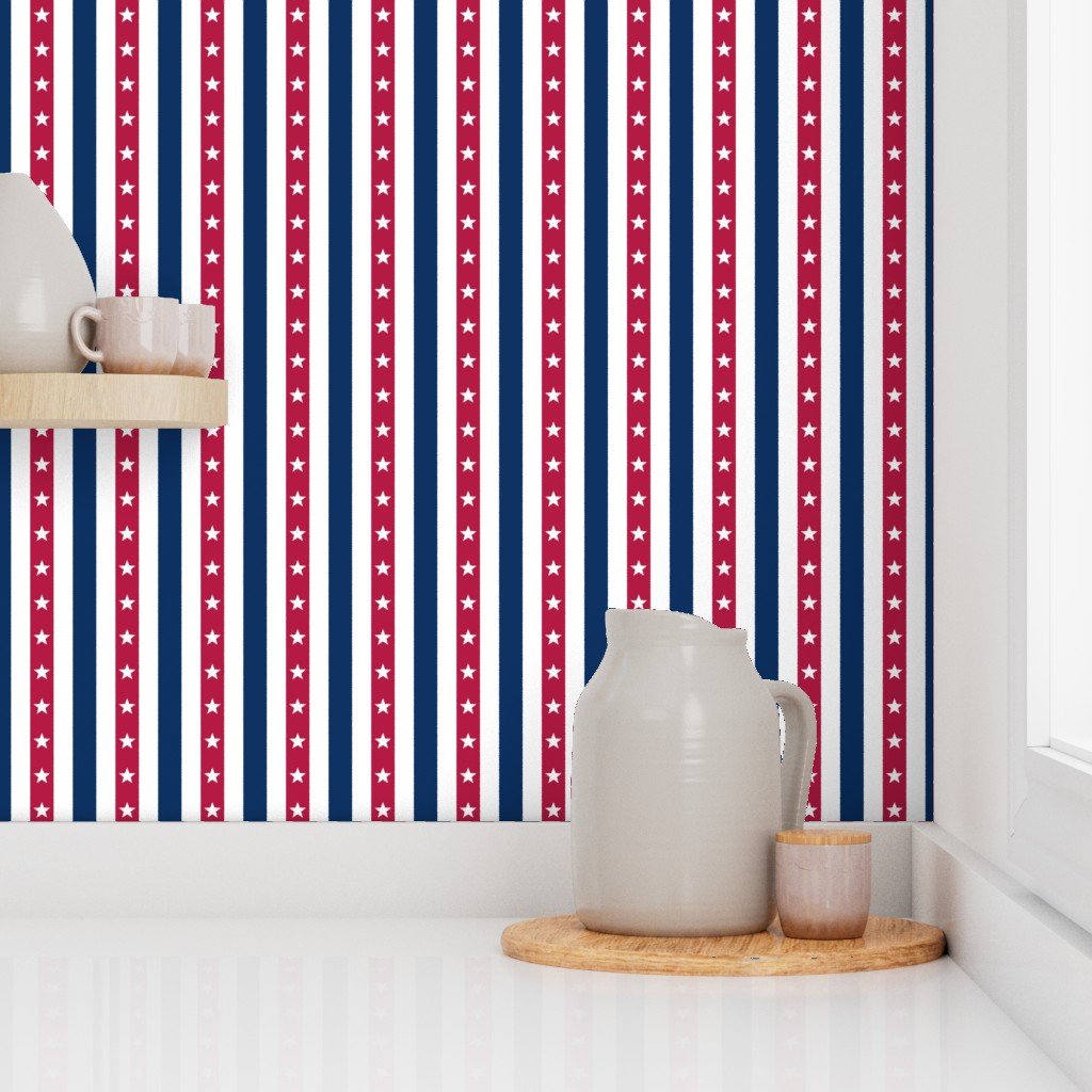 USA Flag Colors of Red White and Blue with Stars in Alternating 1 Inch Home Styling Collection Home Styling Collection white blue wallpaper