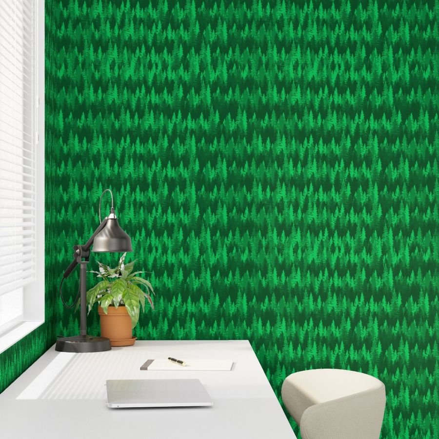 Endless Evergreen Forest with Fir Trees in Shades of Bright Green Home Styling Collection Home Decor Collection fir tree wallpaper
