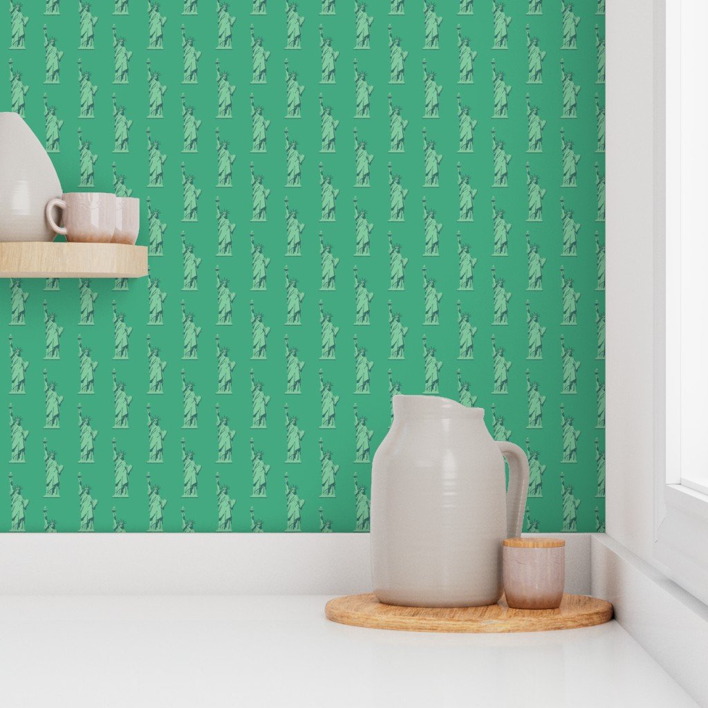 Mini Lady Liberty Statues Repeat in Beguiling Green Decor Collection Home Styling Collection beguiling green wallpaper