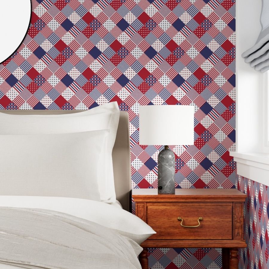 USA Americana Patchwork Red White & Blue Quilt Patterns Decor Collection Interior Collection usa flag quilt wallpaper