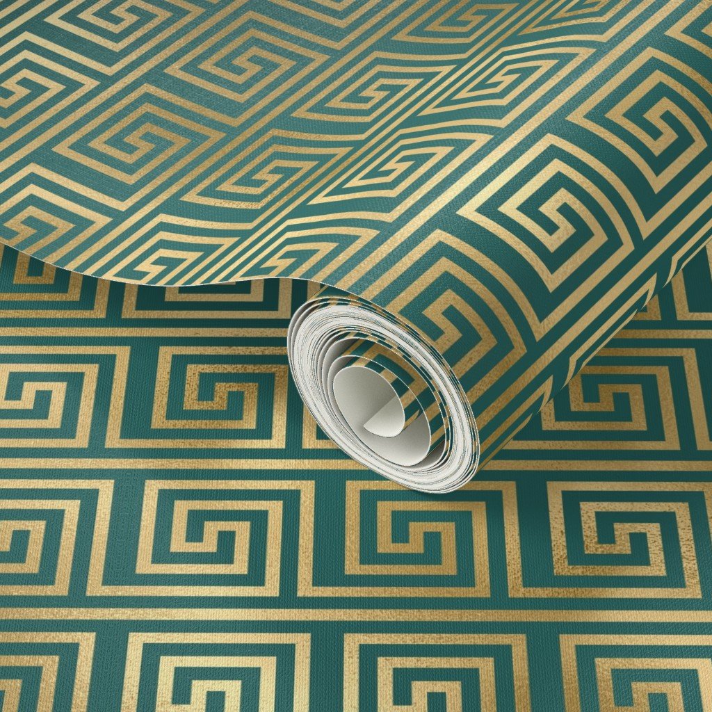 Teal and Faux Gold Foil Vintage Art Deco Greek Key Pattern Interior Collection Interior Collection art deco wallpaper