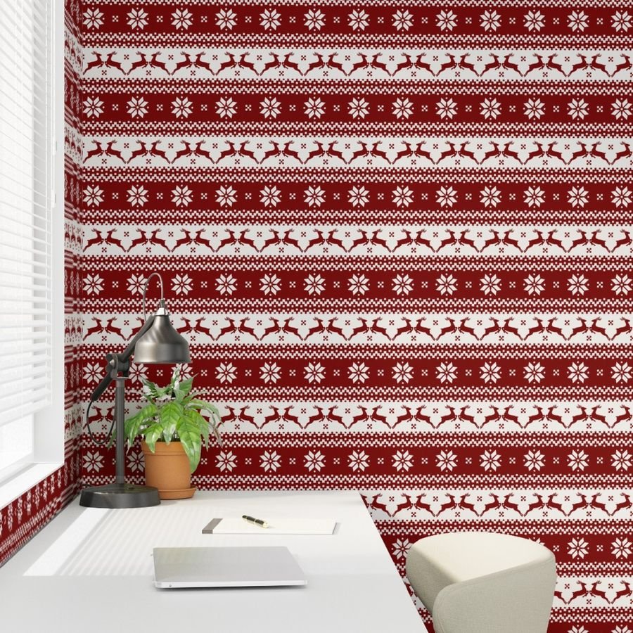 Large Dark Christmas Candy Apple Red Nordic Reindeer Stripe Wallpaper nordic knit wallpaper