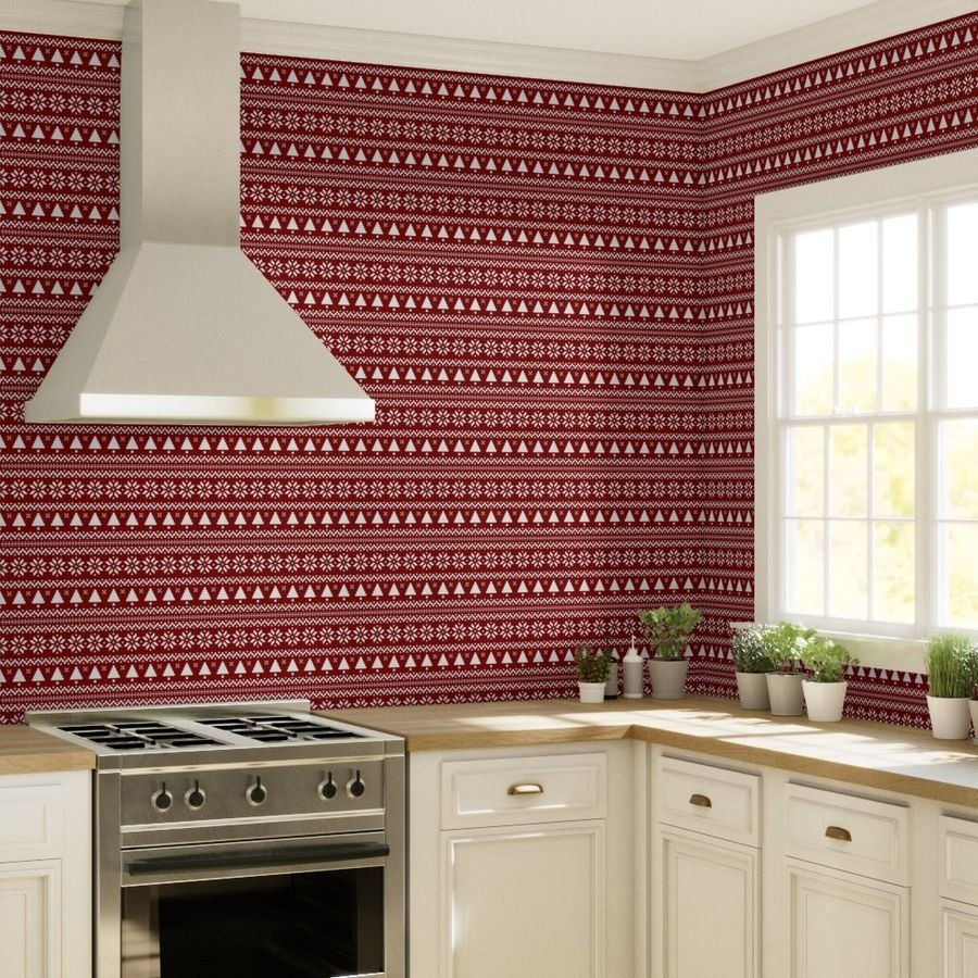 Large Dark Christmas Candy Apple Red Nordic Trees Stripe in White Wallpaper christmas stripe wallpaper