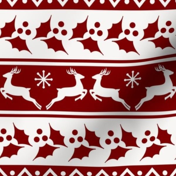 Large Dark Christmas Candy Apple Red Nordic Reindeer Stripe in White Design Collection Home Styling Collection nordic knit fabric design