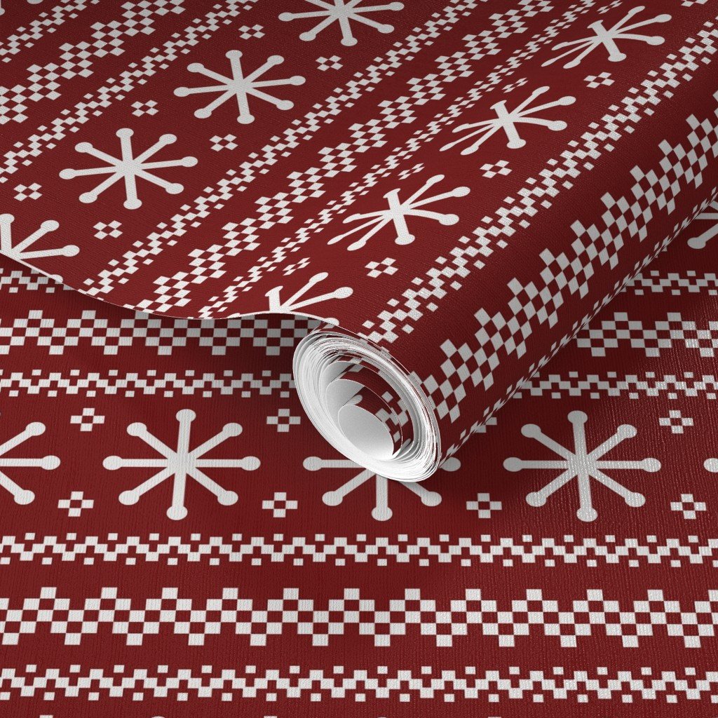 Large Dark Christmas Candy Apple Red Snowflake Stripes in White Wallpaper ice crystals wallpaper