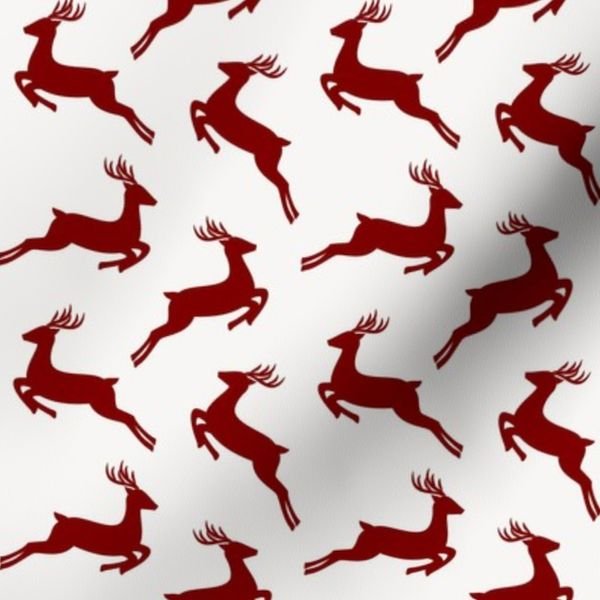 Large Dark Christmas Candy Apple Red Leaping Reindeer on White Interior Collection Decor Collection jumping deer fabric design