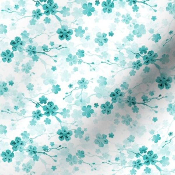 Bright Aqua Blue Pastel Watercolor Cherry Blossom Flowers and Vines Home Styling Collection Interior Collection cherry blossom fabric design