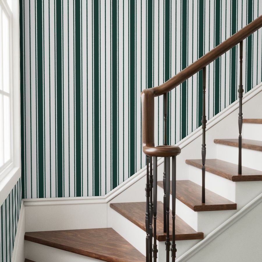 Cypress Green and White Vertical French Stripe Wallpaper cypress green wallpaper