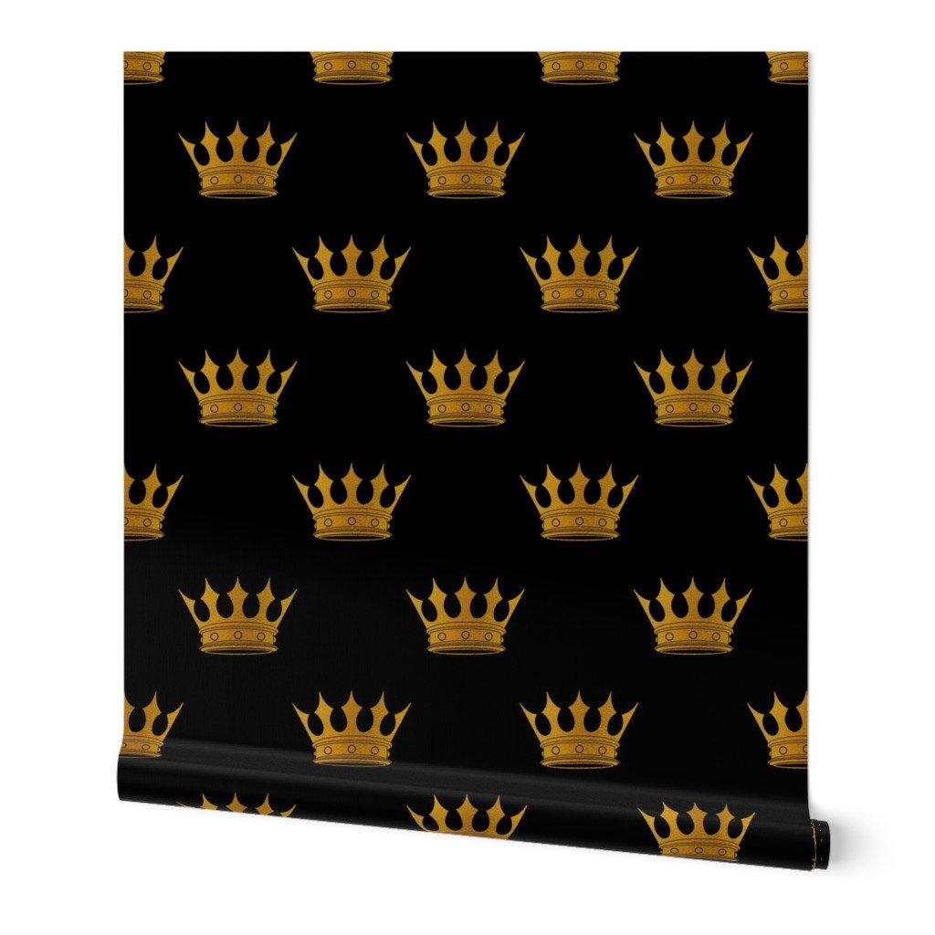Midnight Black Faux Metallic Gold Crowns Wallpaper crown print wallpaper